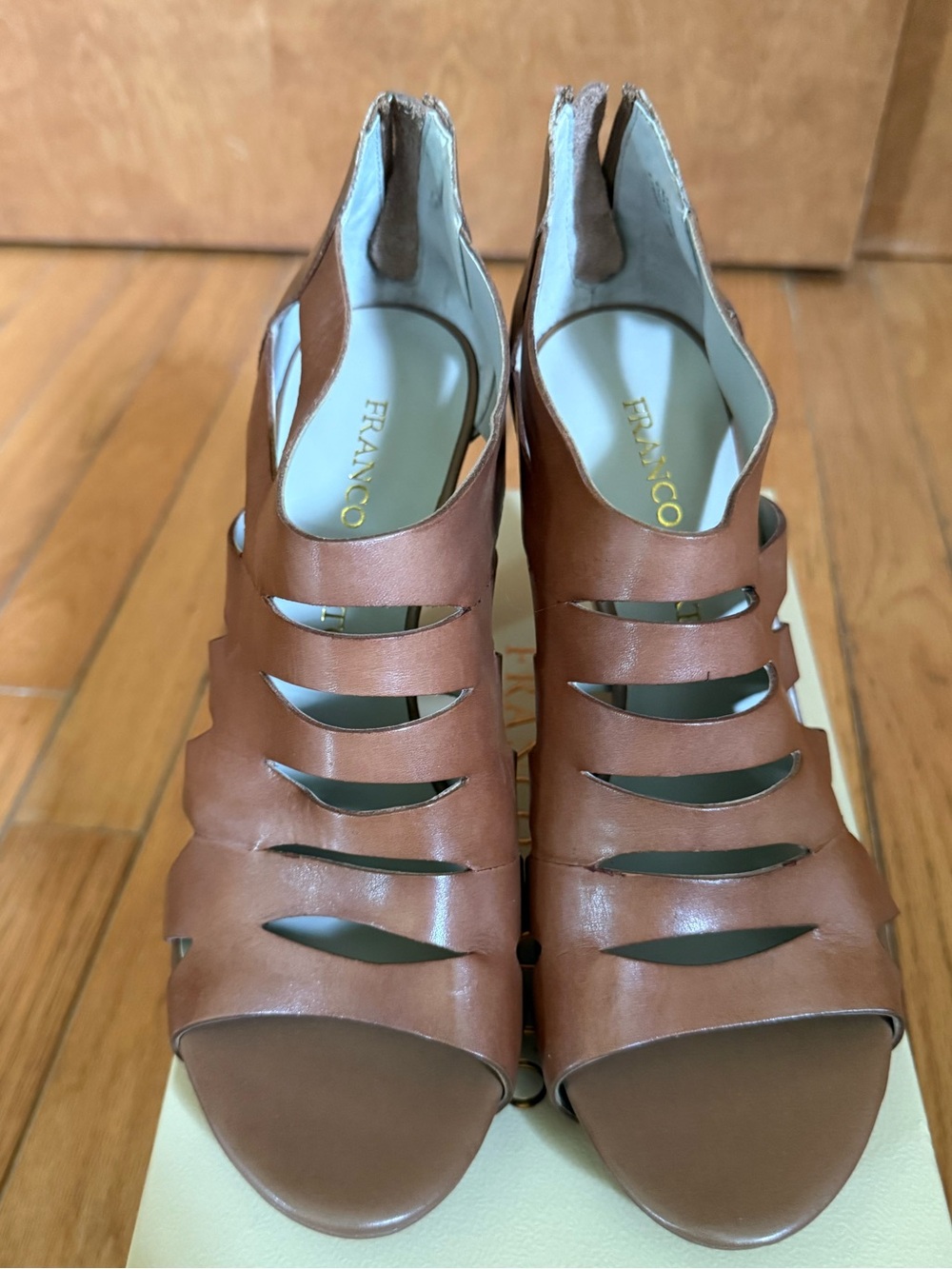 Franco Sarto Tan Leather Cutout Peep-Toe Heels